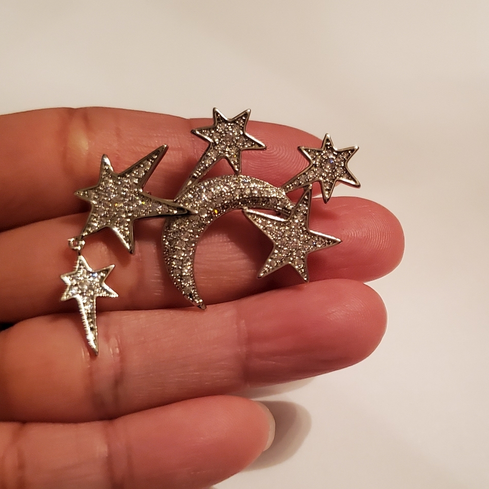 14K White Gold Plated Moon Star Brooch